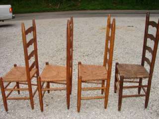Vintage Four Ladder Back Chairs Oak Woven Hemp Seats  