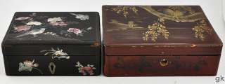   of 2 Antique Japanese Lacquerware Boxes Inlaid MOP Bird Design  