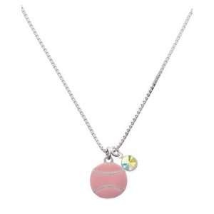 Large 2 D Pink Softball Charm Necklace with AB Swarovski Crystal Drop 