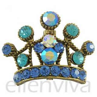 Bling 1.5in Crown Blue Rhinestones Pin Brooch Jewelry Vintage Gold 