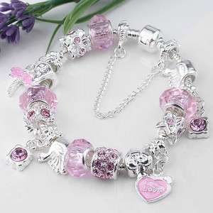 Pink Silver Plated European Charms Bracelet Chain 7L  