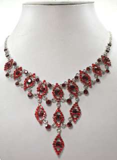 RUBY COLOR RED RHINESTONE CRYSTAL NECKLACE & EARRINGS SET C340  
