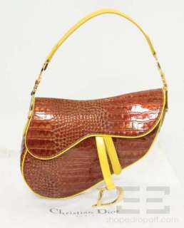Christian Dior Brown & Yellow Patent Leather Croc Embossed Saddle Bag 