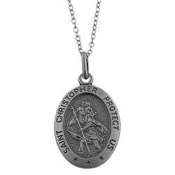 Oxidized Sterling Silver Saint Christopher Medal Necklace   