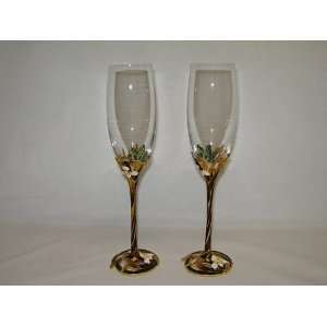 italian Brown and gold with white flower champagne flute / wine glass 