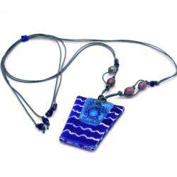 Cotton and Fused Glass Blue/ White Wavy Line Trapezoid Necklace (Chile 