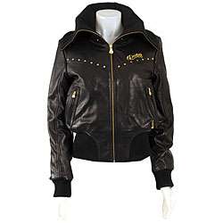 Dereon Womens Leather Jacket with Rib Knit Collar  