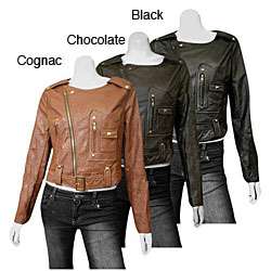 Si Style Juniors Embellished Collarless Belted Faux Leather Jacket 