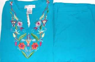 Susan Graver Cotton Embroidered Tunic/CropPants BLUE/XS  