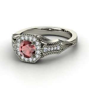   Ring, Round Red Garnet 14K White Gold Ring with Diamond Jewelry
