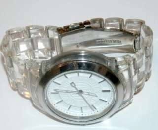 DKNY Silver Tone Clear Plastic Resin Bracelet White Dial Womens Watch 
