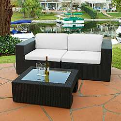 Madrid 3 piece Outdoor Wicker Loveseat and Glass Top Table Set 
