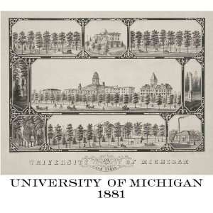 University of Michigan Lithograph 1881 8 1/2x 11 Color 