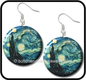 VAN GOGH* Starry Night Beautiful Art Button EARRINGS  