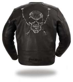 Mens Black Leather Raceway Reflective Skull Jacket  