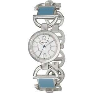 NEW Fossil Ladies ES2531 Stainless/ BLUE Enamel Filled Chain LINK 