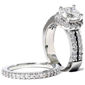   DIAMOND WEDDING ENGAGEMENT RING SET PAVE HALO WHITE GOLD 14K  