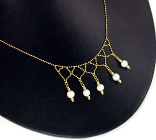   Gold Italy Beaded Link Chain 17 Necklace Pearl Drop Bib And  