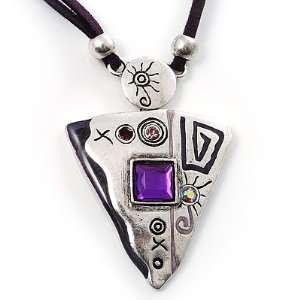  Silver Tone Triangular Purple Suede Cord Pendant Jewelry