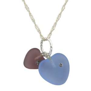 Heart Jewelry Czech Pressed Glass Double Heart Necklace, Light Blue 