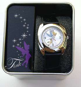   Tinkerbell Silver Sunray Dial Black Leather Strap Watch (TK1031