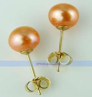 14k Gold GP 7.5 8mm AAA Freshwater Orange Pearl Stud Earrings