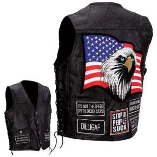 Leather Concealed Carry Motorcycle Vest, USA Patches  