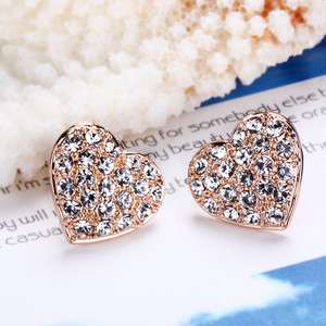 E2 18K rose Gold plated white gem Swarovski crystal heart earrings 