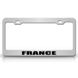 FRANCE Country Steel Auto License Plate Frame Tag Holder, Chrome/Black