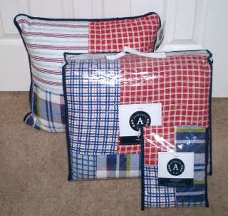  Tristan 3P Twin Set Quilt,Sham,Pillow Red Blue Plaid Stripe  