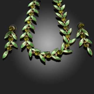 ARINNA peridot green leaf Crystal necklace earrings Set  