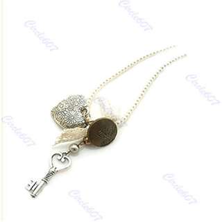 Fashion Cute Heart Pearl Key Bowknot Sweater Necklace  