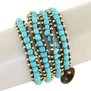   Wrap Bracelet; 22L; Turquoise Beads; Mini Gold Beads; Button Closure