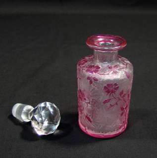   NANCY CAMEO ETCHED RUBY GLASS PERFUME BOTTLE ~ CAMEO FLOWERS  
