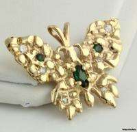   Emerald & Genuine Diamond Butterfly Pendant & Earring Set   14k Gold