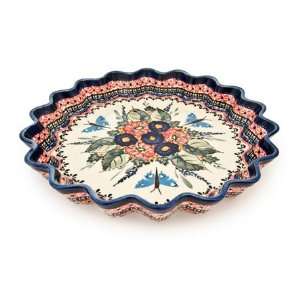  Polish Pottery Floral Butterfly Large Fluted Quiche Dish 