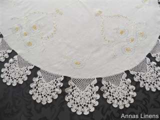 Vintage Round Tablecloth Hand Embroidered Crochet Lace  