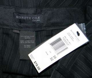 KENNETH COLE 100% Cotton Flat Front Black Pin Striped Pants 38W/32L 
