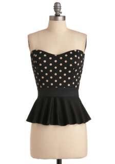 California Twirl Bustier Top   Black, Solid, Polka Dots, Strapless 