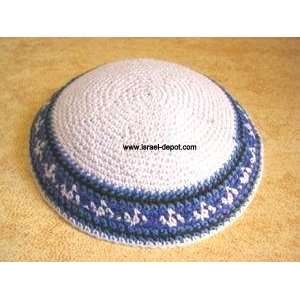 Jewish Kippah Knitted Bright Blue Ornament Hebrew Israeli
