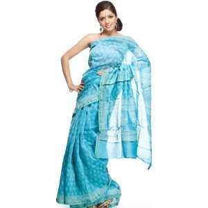  Sky Blue Chanderi Sari with All Over Block Printed Bootis 