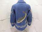 Vintage Fish Cowichan Wool Knit Shawl Blue Sweater Jacket