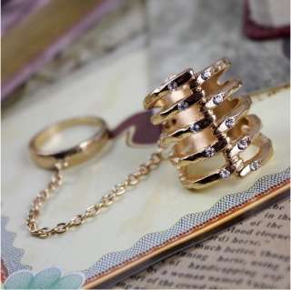Fashion Chain Knuckle Connect Finger Crystal Ring   
