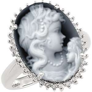   Gold Mother and Child Black Agate Cameo and Diamond Ring, Size 2.5