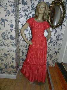 VINTAGE 70s CORAL TIERED GYPSY STYLED MAXI DRESS 10 12  