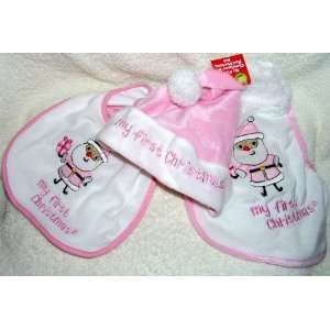  Pink and White Stocking Hat and Bib Set with Santa on It Home