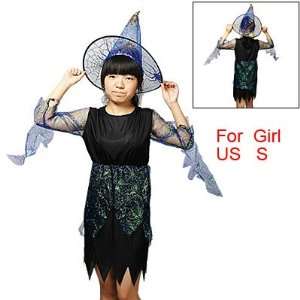  Sz S Halloween Girls Cobweb Print Black Witch Costume W 