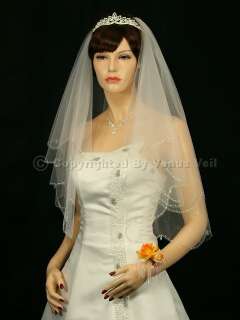 2T Ivory Wedding Bridal AB Crystal Beaded Scallop Veil  