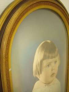 ANTIQUE CONVEX GLASS HAND PAINTED PHOTO GIRL WOOD FRAME  