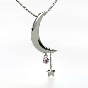   Moon and Star Pendant, 14K White Gold Necklace with Amethyst Jewelry